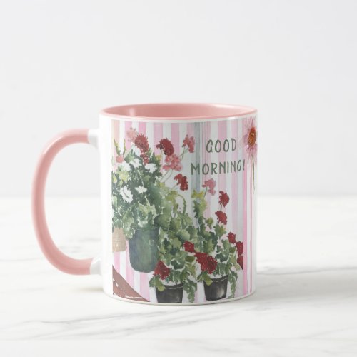 PINK STRIPES AND HAND PAINTED WATERCOLOR FLOWERS   MUG