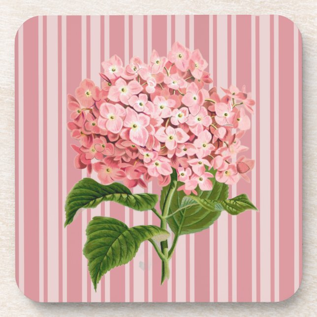 Pink Stripes and Hydrangea Hard Plastic Beverage Coaster (Front)