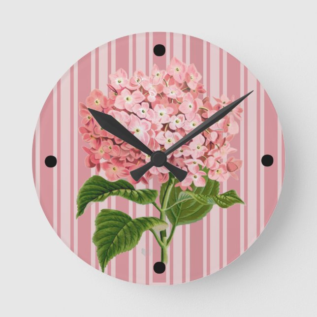 Pink Stripes and Hydrangea Round Clock (Front)