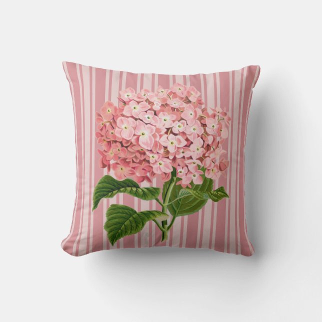 Pink Stripes and Hydrangea Throw Pillow (Front)