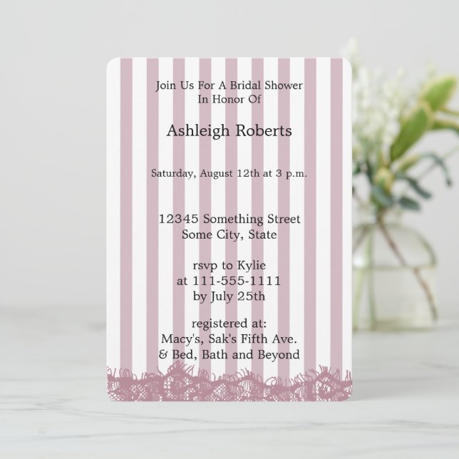 Pink Stripes and Lace Bridal Shower Invitation (Standing Front)