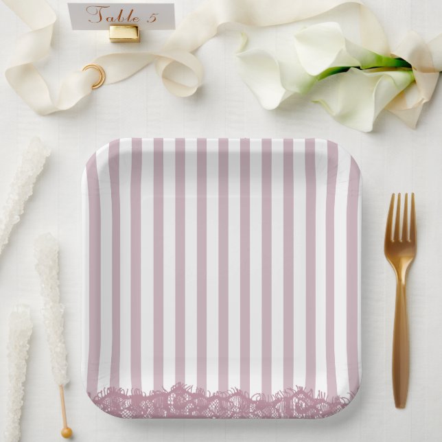 Pink Stripes and Lace Bridal Shower Paper Plates (Wedding)