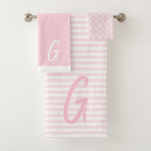 Pink Stripes and Monogram Bath Towel Set