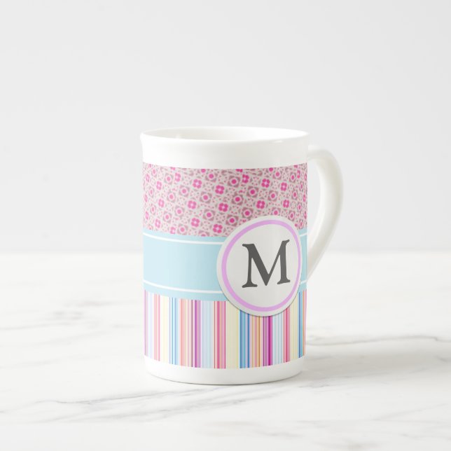 Pink stripes and pattern bone china mug (Front Right)