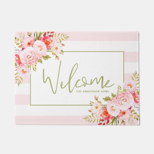 Pink Stripes and Peonies Floral Welcome Doormat