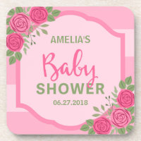 Pink Stripes and Roses Girl Baby Shower Coaster