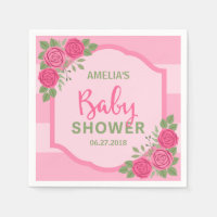 Pink Stripes and Roses Girl Baby Shower Paper Napkin