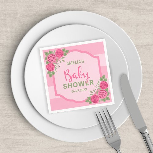 Pink Stripes and Roses Girl Baby Shower Paper Napkins