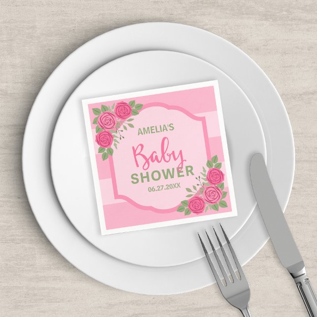 Pink Stripes and Roses Girl Baby Shower Paper Napkins (Creator Uploaded)