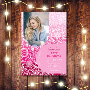Pink Stripes Arch Photo Floral Birthday Invitation