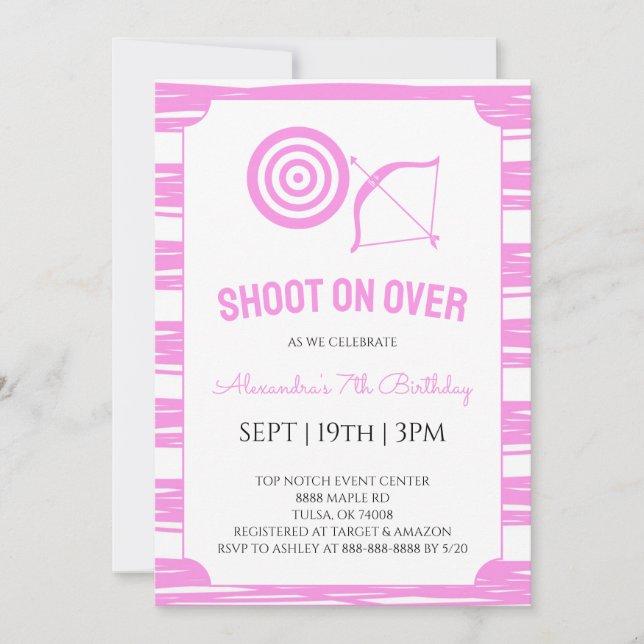 Pink Stripes Archery Birthday Party Invitation (Front)