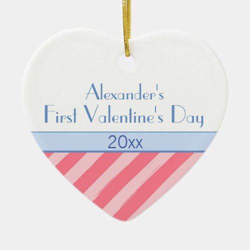 Pink Stripes Baby Boy Photo First Valentines Day Ceramic Ornament