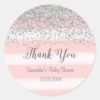 Pink Stripes Baby Shower Sticker by melanileestyle at Zazzle