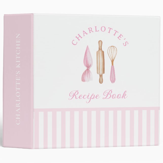 Pink Stripes Baking Recipes 3 Ring Binder (Front/Spine)