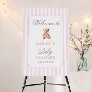 Pink Stripes Bear Baby Shower Girl Welcome Sign