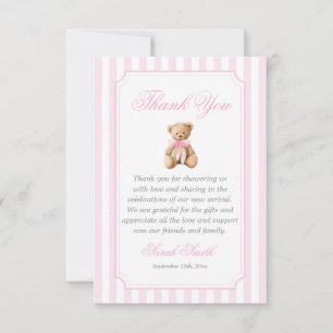 Pink Stripes Bear Grand millennial Thank You Card