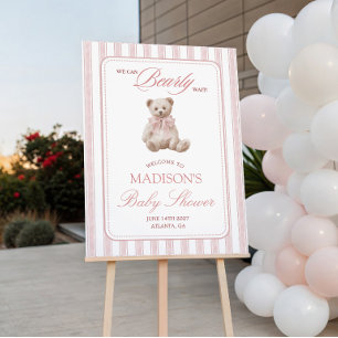Pink Stripes Bearly Wait Teddy Bear Welcome Foam Board