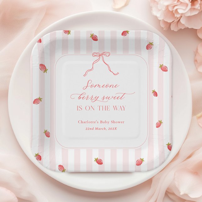 Pink Stripes Berry Sweet Baby Shower Paper Plates (Creator Uploaded)