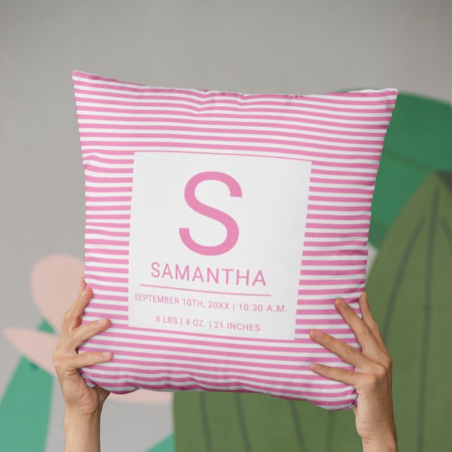 Pink Stripes Birth Stats Newborn Baby Throw Pillow (Creator Uploaded)