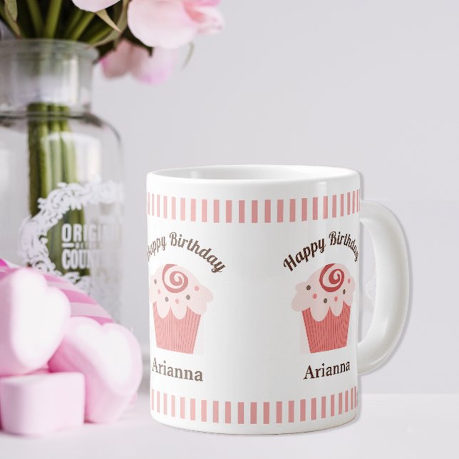 Pink Stripes Birthday Cupcake  Giant Coffee Mug (Creator Uploaded)