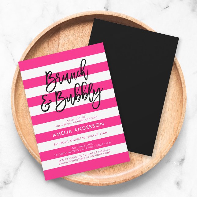 Pink Stripes Black Brunch & Bubbly Bridal Shower Invitation (Creator Uploaded)