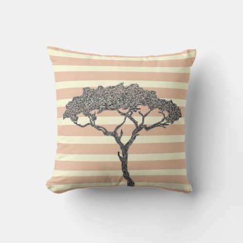 Pink stripes black tree throw pillow