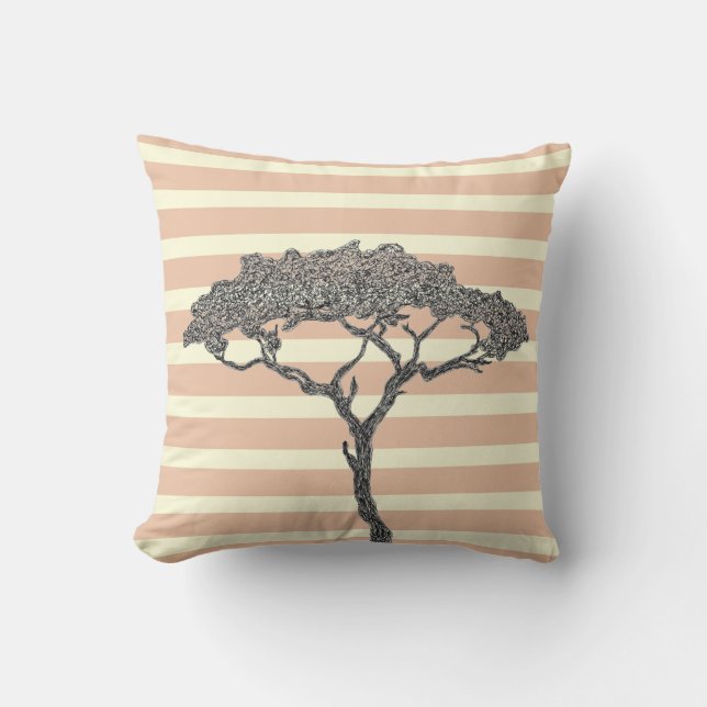 Pink stripes black tree throw pillow (Front)