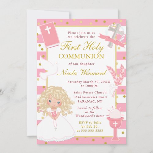Pink Stripes Blonde Hair Girl First Holy Communion Invitation