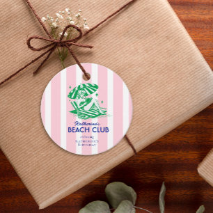 Pink Stripes Blue Beach Girl Birthday Party Favor Tags