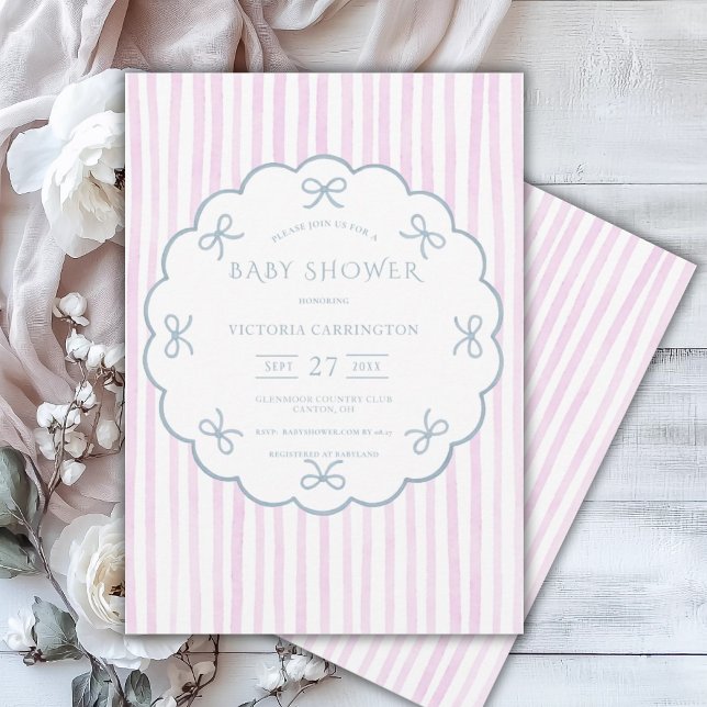 Pink Stripes Blue Hearts Vintage Baby Shower Invitation (Creator Uploaded)