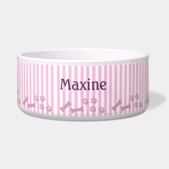 Pink Stripes, Bones And Pawprints Bowl (Front)