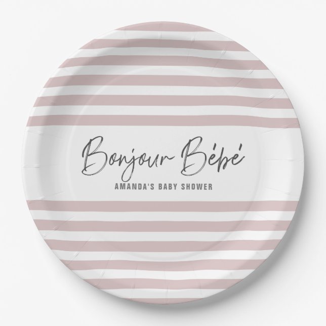 Pink Stripes Bonjour Bebe Paper Plates (Front)