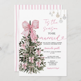 Pink Stripes Bow Christmas Tree Couple Wedding Invitation