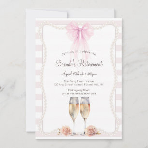 Pink Stripes Bow Pearls Retirement Party Invitation