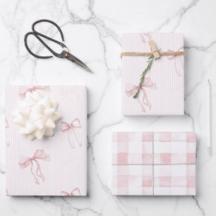 Pink Stripes Bows Plaid Stripes Birthday Wrapping Paper Sheets