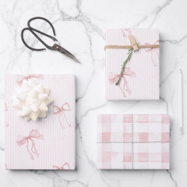 Pink Stripes Bows Plaid Stripes Birthday Wrapping Paper Sheets (Front)