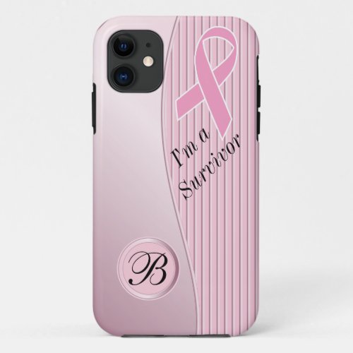 Pink Stripes Breast Cancer Survivor  DIY Monogram iPhone 11 Case