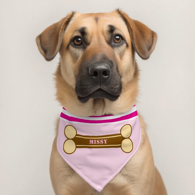 Pink Stripes Brown Dog Bone Name Pet Bandana Collar (Dog 2)