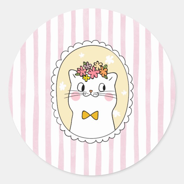 Pink Stripes Cat Classic Round Sticker (Front)