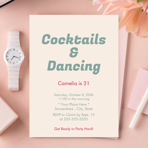 Pink Stripes Cocktails  Dancing  21st Birthday Invitation