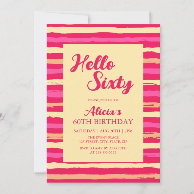 Pink Stripes Colorful Hello Sixty Girly Birthday  Invitation (Front)