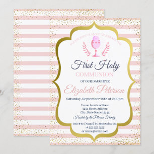 Pink Stripes Confetti First Holy Communion Invitation