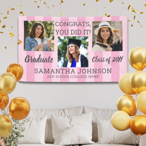 Pink Stripes Congrats Graduate 3 Photo Graduation  Banner