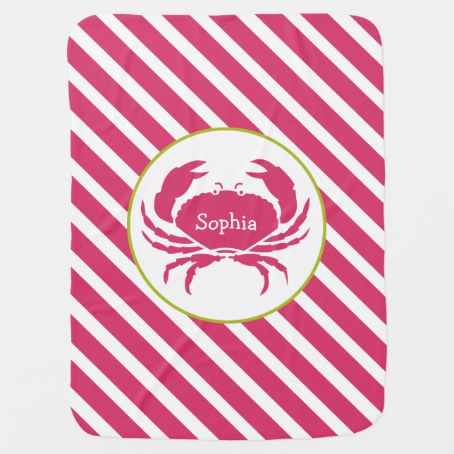 Pink Stripes + Crab Personalized Baby Blanket (Front)