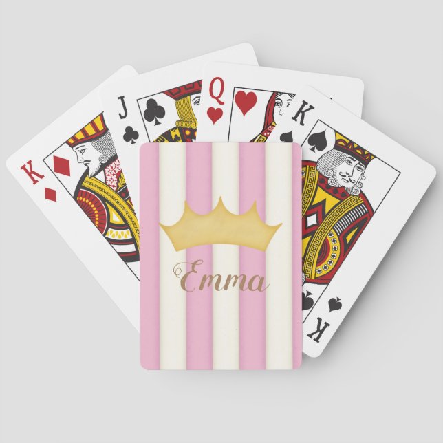 Pink  Stripes Crowned Monogram Fairytale Princess Poker Cards (Back)
