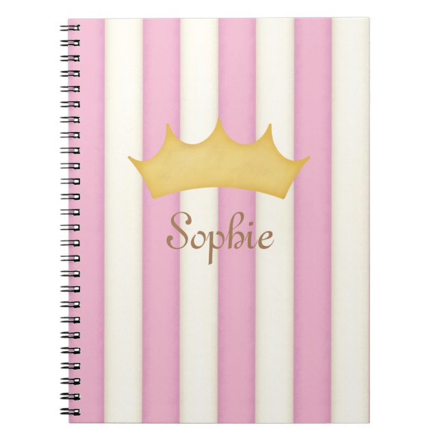 Pink Stripes Crowned Personalized Princess Diary Notebook (Front)