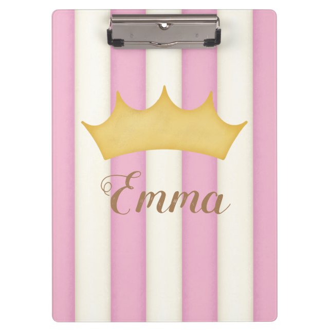 Pink Stripes Crowned Princess Personalized Name Clipboard (Front)