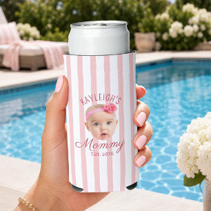 Pink Stripes Custom Face Photo Keepsake Mom Mommy Seltzer Can Cooler