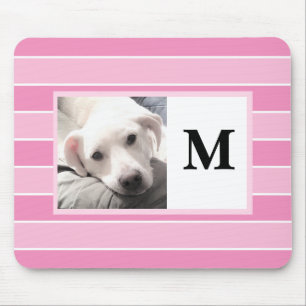 Pink Stripes Custom Initial One Photo Cute Dog Mou Mouse Pad