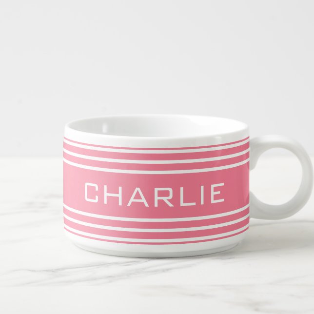 Pink Stripes custom monogram chili bowl (Left)